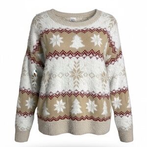 Women's Large (12-14) Beige White Fuzzy Christmas Sweater Tree Snowflakes